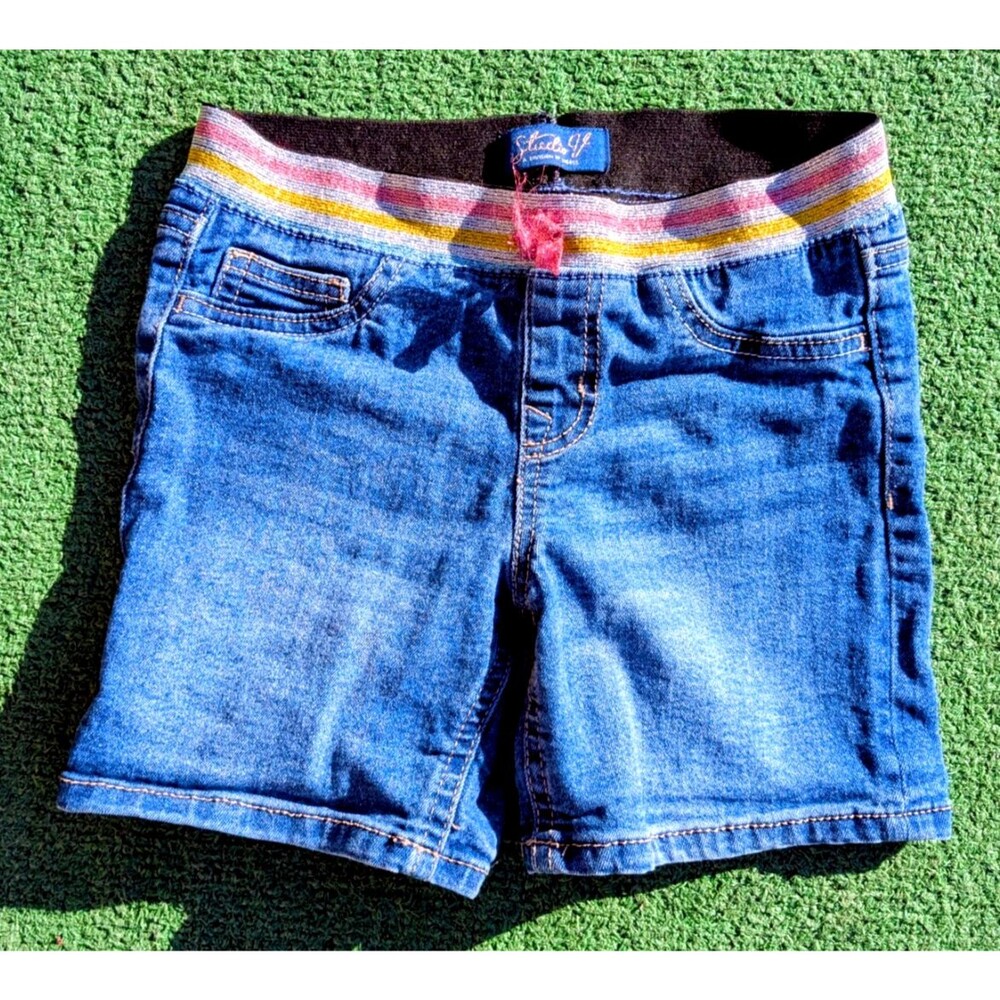Rainbow Glitter Belt Studio V Girls Sz 6X Denim Stretch Blue Jean Shorts EUC